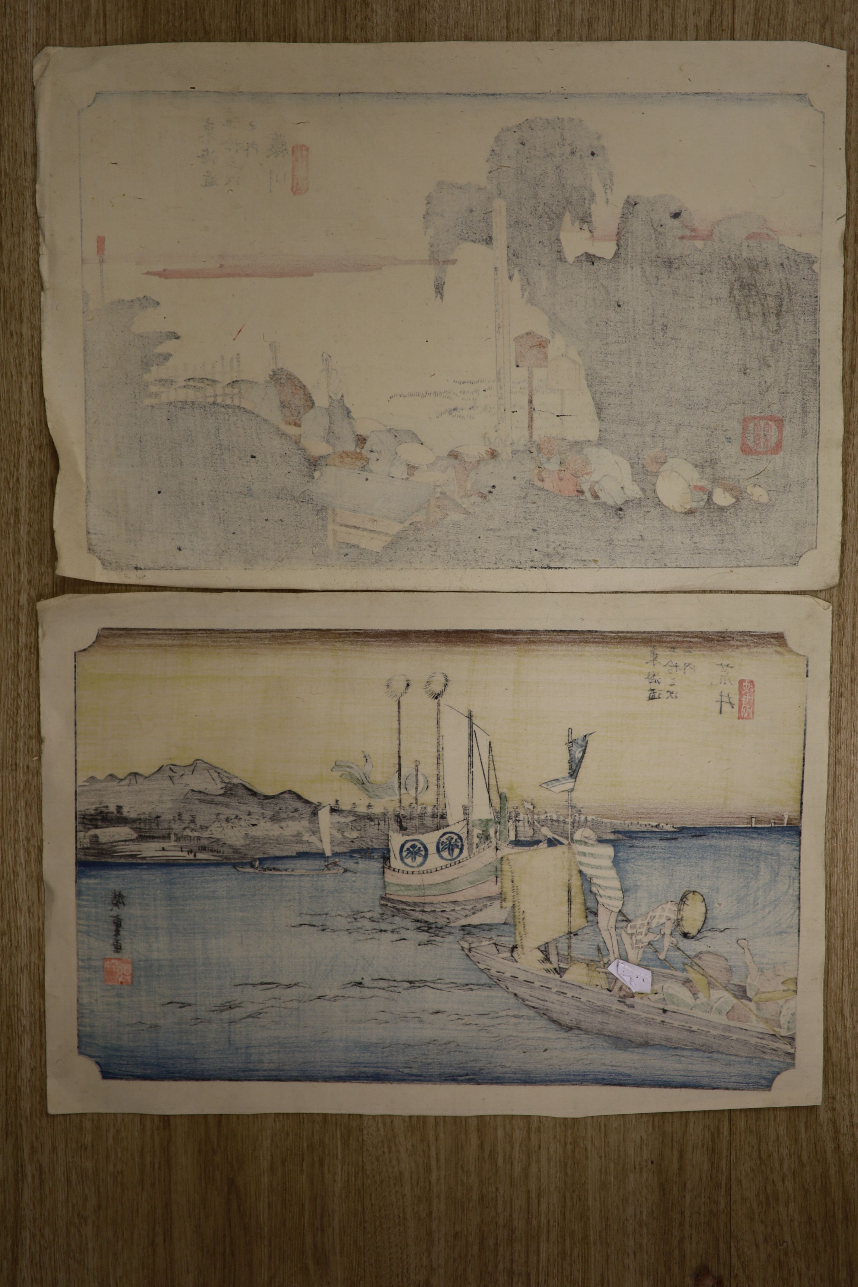 Hiroshige, two woodblock prints, Coastal scenes, 26 x 38cm overall, unframed